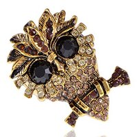 Alilang Antique Gold Tone Topaz Brown Rhinestone Wise Owl Bird Stretch Statement Ring