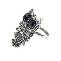 Gorgeous Silver Colored Adjustable Finger Ring With Cute Black Eyed Owl