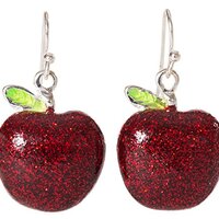Artisan Owl - Red Apple Sparkling Enamel Polished Silver Tone Fruit Dangle Earrings