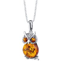 PEORA Genuine Baltic Amber Owl Pendant Necklace Sterling Silver, Rich Cognac Color, 18 inch Chain