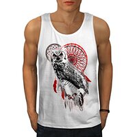 Wellcoda Dream Catcher Owl Animal Mens Tank Top, Bird Athlete Shirt White XL