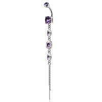 Pierced Owl 14GA 316L Stainless Steel CZ Centered Crystal Drop Chain Dangling Belly Button Ring (Pur
