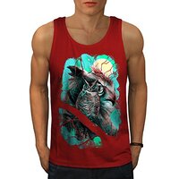 Wellcoda Forest Owl Moon Fantasy Mens Tank Top, Athlete Shirt Red S