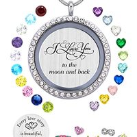 Best Gift for Mom & Grandma, Memory Floating Locket Pendant Necklace with Birthstones & Char