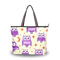 ColourLife Purple Owls with Moon Star Shoulder Bag Top Handle Polyester Cloth Tote Handbags for Wome