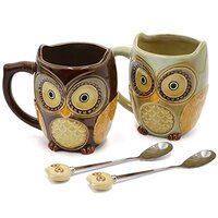 SQOWL 3D Coffee Mug Cute Set of 2 Owl Ceramic Coffee Mugs with spoons Office Tea Cups for Women Men 