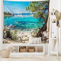 Ambesonne Nature Tapestry, Lake Tahoe Snowy Mountain Reflection on Clear Water Rocky Shore View, Fab