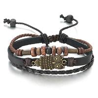 COOLSTEELANDBEYOND Mens Womens Multi-Strand Black Braided Leather Brown Cotton Strap Bracelet with O