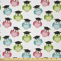 Lunarable Graduation Fabric by The Yard, Colorful Owls with Graduation Caps Mortarboards and The of 