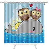Mugod Owls and Whale Shower Curtain Decor Two Cute Cartoon Owls Whale Smiling Swimming Sweet Love Sh