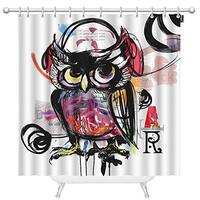 Mugod Owl Shower Curtain Abstract Art Cute Owl with Headphone Doodle Black Lines Shower Curtains Pol