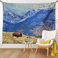 Ambesonne Wyoming Tapestry, Panoramic Landscape with Lonely Bison and Snowy Mountains at Grand Loop 
