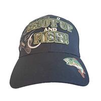 Artisan Owl Shut Up and Fish Funny Fishing Hat - Fisherman Embroidered Cap (Black)