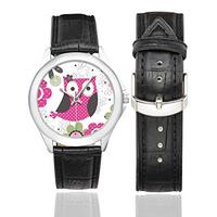 InterestPrint Cute Owl with Polka Dots and Flowers Women's Waterproof Classic Leather Strap Wat