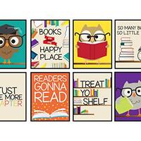Silly Goose Gifts Books Are My Happy Place - Bright Wall Art Poster Prints - Reading Owl Quote Set f