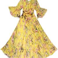 MedeShe Women's Bell Sleeve Flowy Chiffon Maxi Dress Holiday Beach Floral Sundress (Yellow Owl 