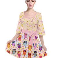 CowCow Womens Leafs Moccasin Owls Pattern Velour Kimono Dress - S