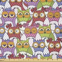 Ambesonne Owl Fabric by The Yard, Ornate Owl Crowd with Different Sights Polka Dots Like Matryoshka 