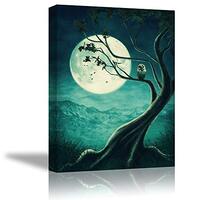 Tku's Owl on Tree Canvas Wall Art Teal Green Painting Animal Wall Decor Moon Picture Home Decor