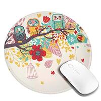 Cute Three Owls Round Mouse Pad, Colorful Non-Slip Rubber Base Mousepad with Stitched Edge, Customiz