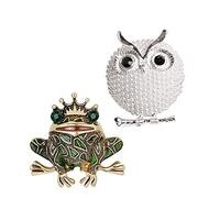 Acxico 2Pcs Fashion Animal Frog and Owl Rhinestone Crystal Brooch Pin Jewelry Women Men Accessories
