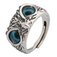 Retro 925 Sterling Silver Night Owl Head Ring with Blue Eyes for Men Women Open and Adjustable