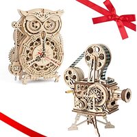 ROKR 3D Wooden Puzzles for Adults Owl Clock & Film Projector Bundle Gift Toys Home Decor
