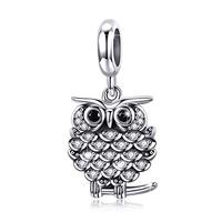 BISAER 925 Sterling Silver Owl Dangle Charms for Bracelets Cubic Zirconia Animal Pendant Charm for N