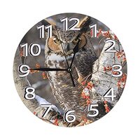 FoDuoDuo Fashion Wooden Wall Clock Silent Non Ticking Great Horned Owl Sitting On Snowy Branch Round