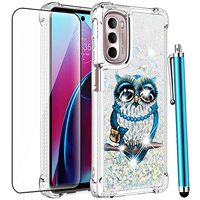 CAIYUNL for Moto G Stylus 5G 2022 Case with Glass Screen Protector, Liquid Glitter Bling Floating Gi