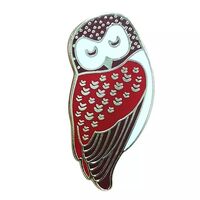 Owl Enamel Pin Brooch, Sleepy Owl, 1 Inch Tall, Red, Brown, and White