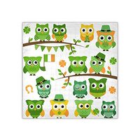 St Patrick's Day Seamless Green Owls on Tree Branches on White Women's Square Silk Scarf N