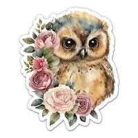 Cute Owl with Roses Sticker - 5" Laptop Sticker - Waterproof Vinyl for Car, Phone, Water Bottle