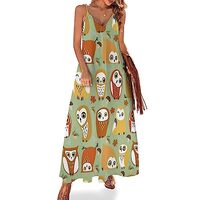 Owl Pattern Women's Casual Summer Maxi Dresses Sleeveless Adjustable Spaghetti Strap Loose Dres