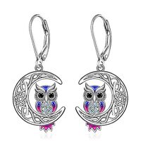 Owl Earrings for Women Sterling Silver Moonstone Blue Purple Owl Earrings Dangle Cute Animal Crescen