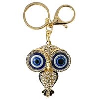 Evenchae Evil Eye Owl Keychain - Inlaid with Clear Rhinestones - Gold Filigree Back - Drawstring Bag