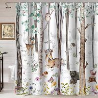 Namdeva Woodland Animal Shower Curtain, Bear Deer Raccoon Owl Hedgehog Cartoon Animals Flower Eucaly