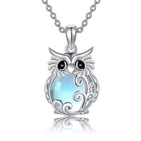 MONGAS Owl Necklace Sterling Silver Moonstone Owl Filigree Pendant Necklace Jewelry Owl Gifts for Wo