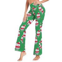 Dallonan Flare Yoga Pants Women Leggings High Waisted Pants Cartoon Owls Christmas on Green Large