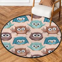 Cartoon Cute Owl Blue Brown Round Rug 3ft Small Circle Area Rug Washable Soft Rug for Living Room No