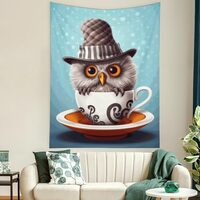 Buyidec Cute Cartoon Owl Is Sitting in A Cup of Coffee Tapestry Wall Hanging Art Deco Tapestries for