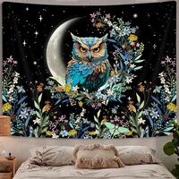 Boho Owl Floral Aesthetic Tapestry, Moon Cute Owl Botanical Flower Plant Boho Tapestry for Bedroom, 