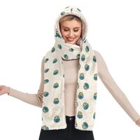 Women Winter Warm Hoodie Hat Scarf -Blue Owls， Long Scarf Wraps with Gloves Pocket，Three-in-One 