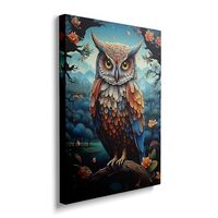 Framed Color Owl On A Branch Canvas Wall Art Funny Animal And Forest Tree Landscape Decor Poster For