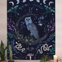 Witchy Owl Vertical Tapestry Aesthetic, Trippy Moth Snake Floral Leaves Mushroom Moon Cool Tarot Dar
