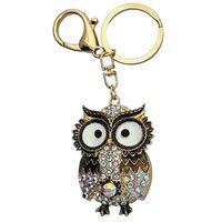 Evenchae Wise Owl Keychain, Inlaid with Rhinestones, Drawstring Bag - 4.75 in Long (Brown)