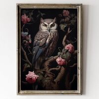 Vintage Owl Wall Art Dark Academia Floral Print Poster Black Gothic Owl Painting Vintage Gothic Flor