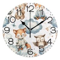 Watercolor Owl Fox Clouds Wall Clock Battery Operated Non Ticking Silent Quartz Analog Rustic Farmho