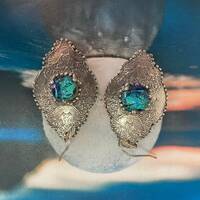 Sterling Silver Statement Drop Earrings With Owl Texture and Blue Dichroic Glass Gemstone