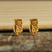 Wise Owl Earring Studs in Raw Brass, Stainless Steel Posts